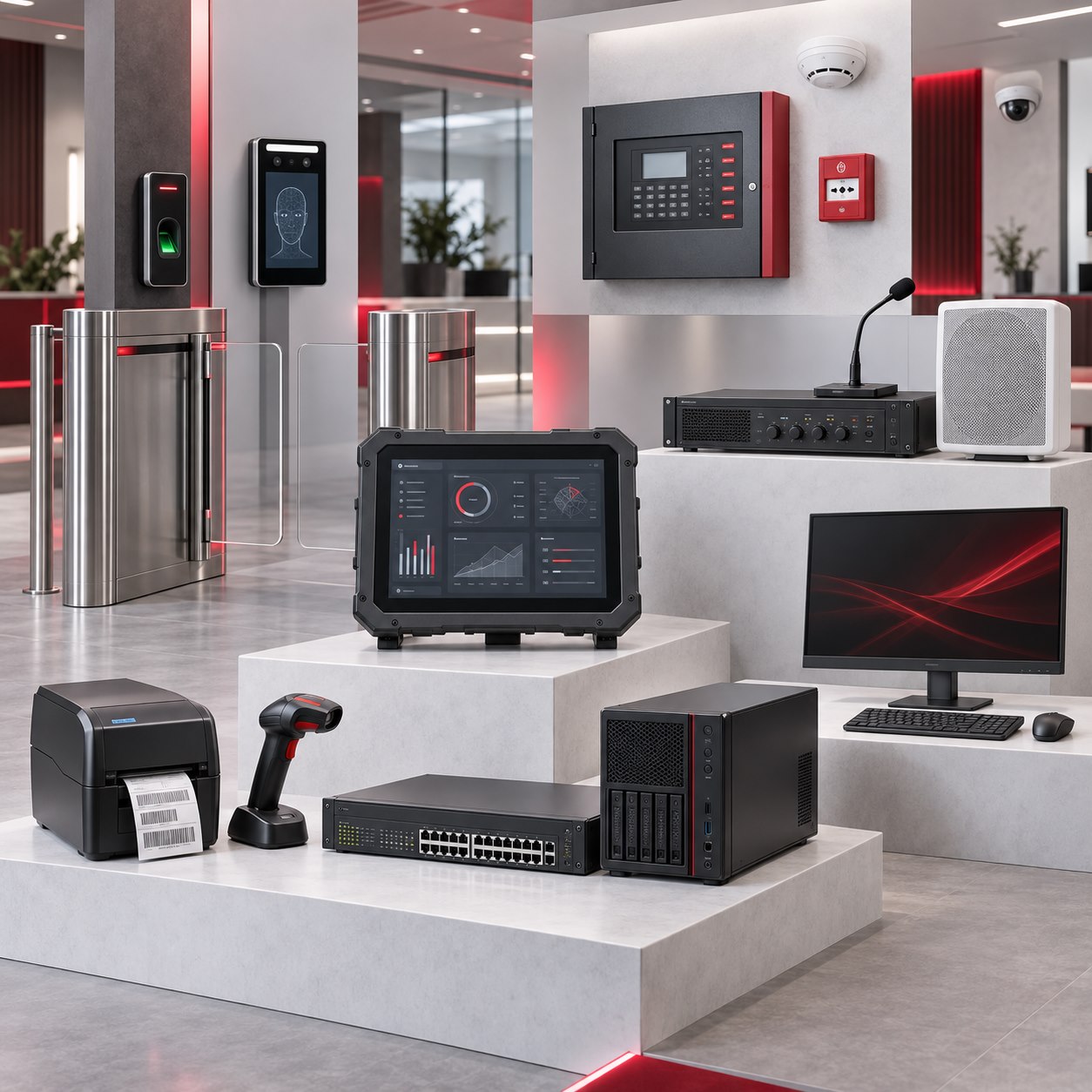 Integrated technology solutions featuring access control, fire safety, public address, barcode systems, industrial computing, networking and surveillance
